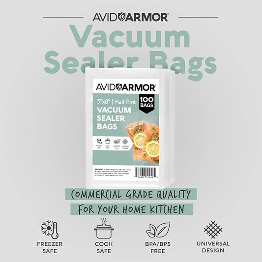 Avid Armor Small Pint Size Vacuum Sealer Bags, Vac Seal Bags for Food Storage, Meal Saver Freezer Vacuum Sealer Bags, Sous Vide Bags Vacuum Sealer, Non-BPA, 5 x 8 inches, Pack of 100