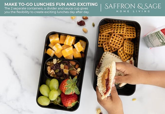 Saffron & Sage Bento Lunch Box - 42oz Black Japanese style Bento Box for Adults or Kids with Cutlery, Chopsticks, Sauce Container and Bento Bag - Leak proof, Dishwasher, Freezer, Microwave safe