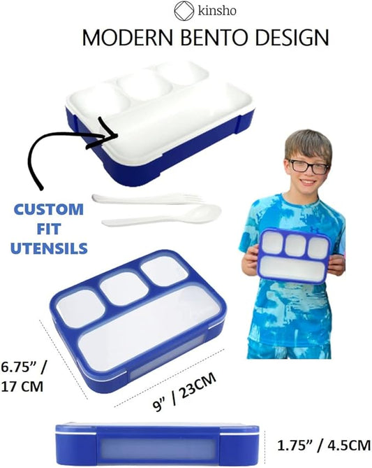 Bento Lunch Box for Kids Boys Adults, School Lunch-Box 4 Leakproof Compartments Snackle Snack Container with Utensils, Blue