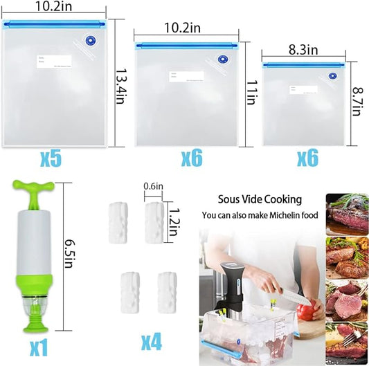 Sous Vide Bags 22 Pack Reusable Vacuum Food Storage Bags Kit, with 3 Sizes Vacuum Food Bags,1 Hand Pump, 4 Sealing Clips for Food Storage and Sous Vide Cooking