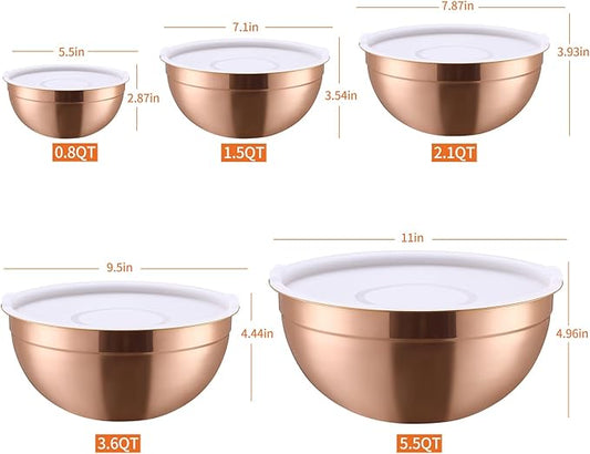 Rose Gold Mixing Bowls with Lids Set of 5, Stainless Steel Nesting Bowl with Khaki Lid for Non-slip Mixing Prepping Storing Serving, 5 Sizes-5.5/3.6/2.7/2.1/1.5 QT