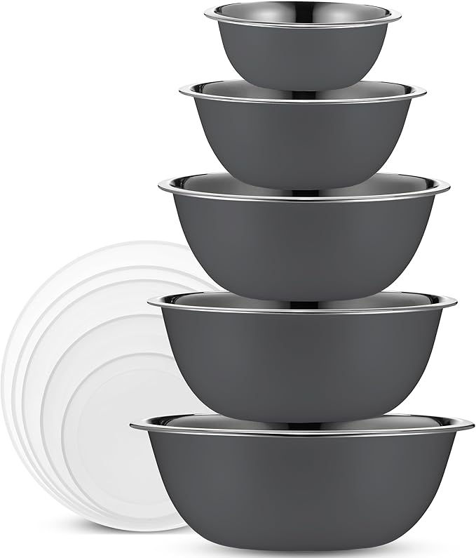 WHYSKO Stainless Steel Mixing Bowl Set, 10 Piece Stainless Steel Mixing Bowls with Lids Set for Food Prep Storage and Serving, Dishwasher Safe Microwave Safe for Kitchen Baking Cooking, Grey