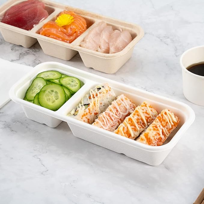 Restaurantware Pulp Tek 9.2 x 3.8 x 1.8 Inch Takeaway Food Boxes 100 Microwavable Take Out Containers - Lids Sold Separately Freezable White Bagasse Catering Food Containers 2 Compartments