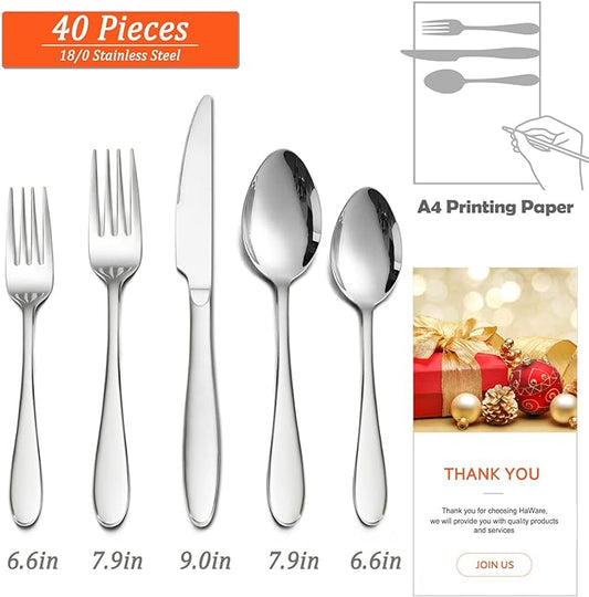 HaWare 40-Piece Silverware Set, Stainless Steel Flatware Service for 8, Modern Tableware Cutlery for Home, Elegant Eating Utensils Include Knives/Spoons/Forks, Mirror Polished, Dishwasher Safe