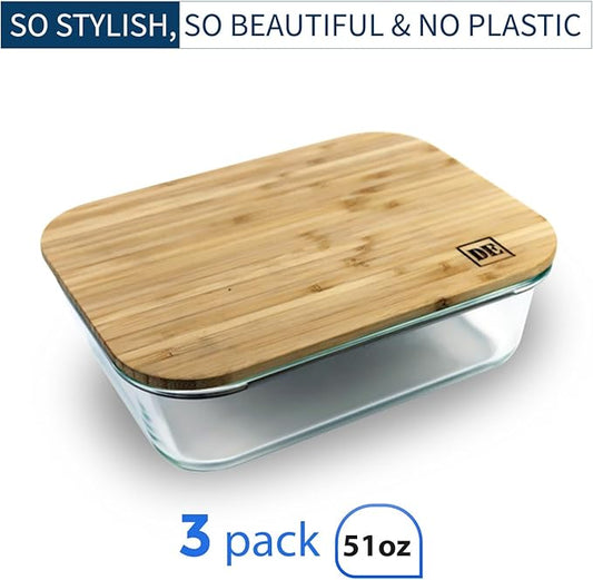 DE Glass Food Storage Containers with Bamboo Lids (3 Pack, 51 Ounce) Eco Friendly Meal Prep Glass Containers Reusable BPA Free Bento Lunch Box Airtight Plastic Free Glass Container with Lid