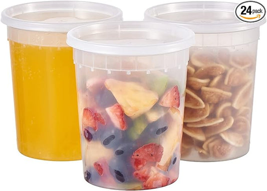 32 oz. Plastic Deli Containers With Lids, 24 Sets - Leakproof, Stackable, BPA Free, Microwavable, Freezer Safe (Formerly FULING)