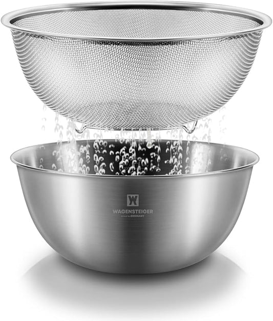 Stainless Steel Mixing Bowl and 3-Legged Colander Set, Multipurpose Kitchen Basket with Fine Mesh Colander, Salad Mixing Bowl with Strainer, Rinsing Vegetables & Fruits (22cm / 8.66")