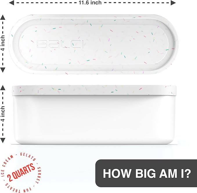 BALCI,Ice Cream Container,2 Quart,Perfect Reusable Freezer Storage for Homemade Ice Cream Tubs for Sorbet, Frozen Yogurt and Gelato!,Flexible Silicone Lids, Long Scoop, Stackable,White with Sprinkles