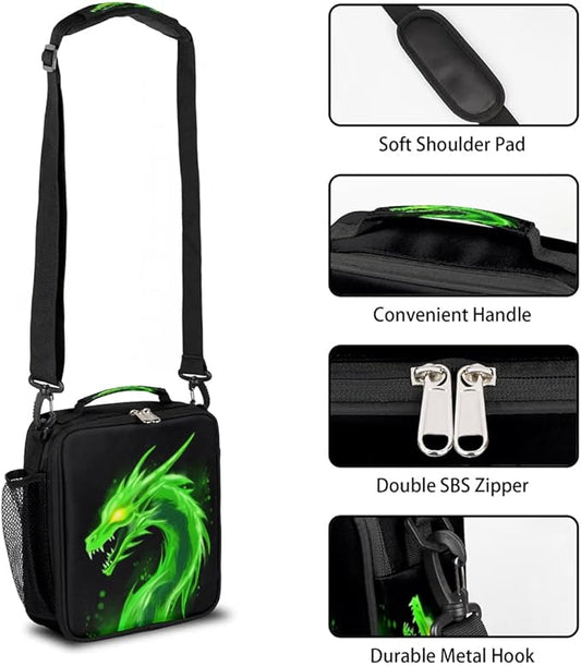 Kids Lunch Box for Boys Girls Green Dragon Animal Lunch Bag for Kids Insulated Lunch Bag Tote with Adjustable Shoulder Strap Teens Lunchbox Cooler School Picnic