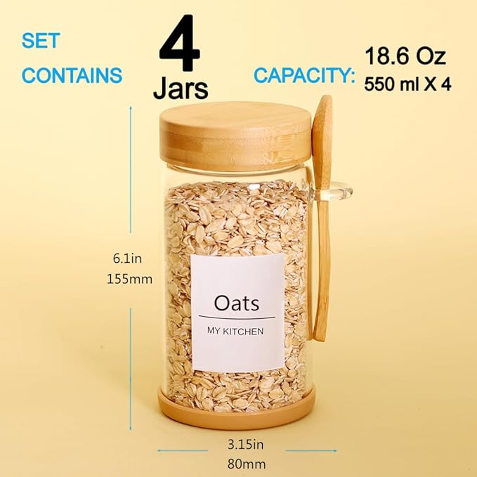 SAIOOL 4 Pack Glass Storage Containers with Bamboo Lids and Spoon,Overnight Oats Containers with Lids,with Anti Slip Silicone Base,Seasoning Organizer,Spice Jars (Bamboo 18.6OZ*4)