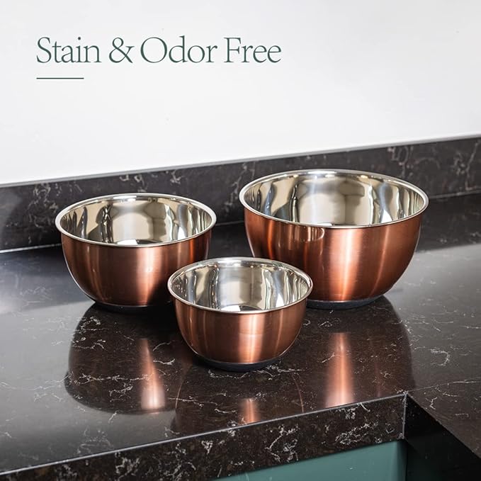 Samma Copper Mixing Bowl Set - Stainless Steel Body with Black Silicone Bottom - 3 Piece Set with Lids