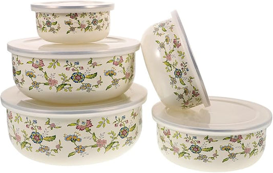 Hemoton 5pcs Enamel Mixing Bowls with Lids - Stackable Food Storage Bowls for Salad, Fruit, Soup - Retro Design for Home Use, 4.05 X 4.05 X 1.96 Inch