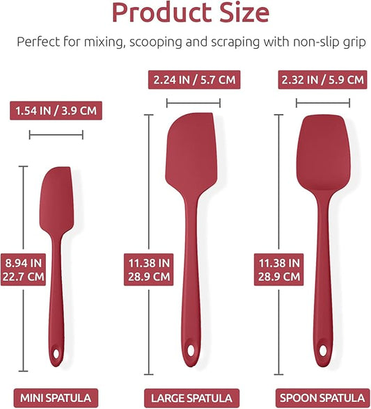 U-Taste 600ºF Heat Resistant Food Grade Silicone Spatula Set of 3, and 18/8 Stainless Steel Square Measuring Spoons Set of 8 (Red+Silver)