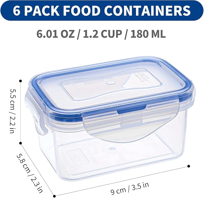 KIGI 6 Pack 6OZ Small Plastic Food Storage Containers Leakproof Rectangular Bento Box with Lids,Airtight Mini Meal Prep