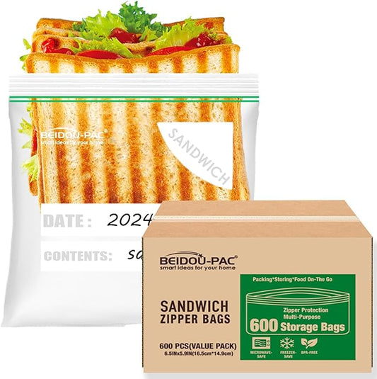 Sandwich Storage Zip Bags for Food On the Go, 600 Count| Double Zipper, Freshness Easy Open Reclosable Clear Plastic Bags