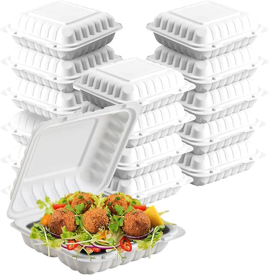 8X8X3 1-Compartment 50-Pack Plastic Clamshell Takeout Food Trays Heavy Disposable Box For Pasta Salad Sandwich Meal Prep Packaging Catering Hinged Containers With Secure Snap Lid