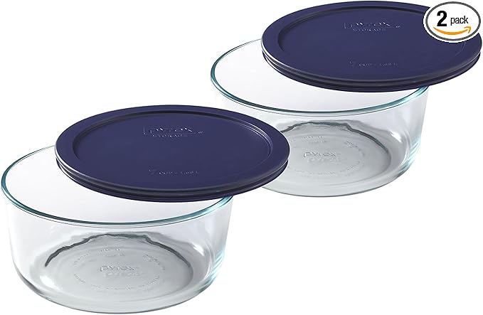Pyrex Storage Plus 7-Cup Round Glass Food Storage Dish, Blue Cover, Pack of 2 - Original Genuine Pyrex - Made in the USA