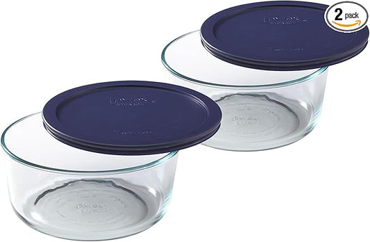Pyrex Storage Plus 7-Cup Round Glass Food Storage Dish, Blue Cover, Pack of 2 - Original Genuine Pyrex - Made in the USA