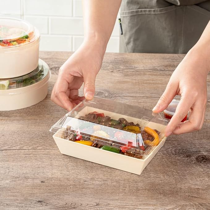 Restaurantware LIDS ONLY: Taipei 6.8 x 5.3 x 1.4 Inch Rectangle Lids 100 Plastic Lids For 20 Ounce Rectangle Wooden Containers - Containers Sold Separately Clear Plastic To Go Box Lids