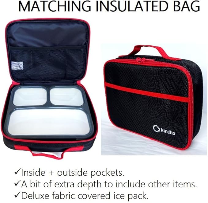 kinsho Bento Box with Insulated Lunch Bag and Ice Pack for Kids Container for Adults Snacks and Lunches. 3 Compartments, Leakproof Portion Boxes Japanese Style for School or Work, Grey - Black