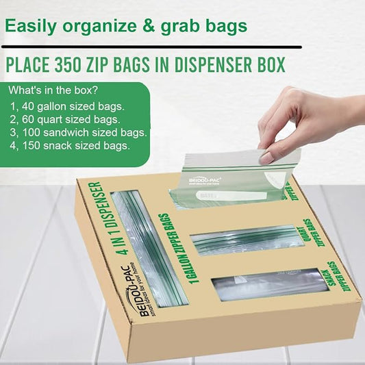 Combo Storage Zip Bags 350 Count, Resealable Variety Pack With Organizer, Reclosable Clear Plastic Snack, Sandwich, Quart, Gallon Assorted Size Bags