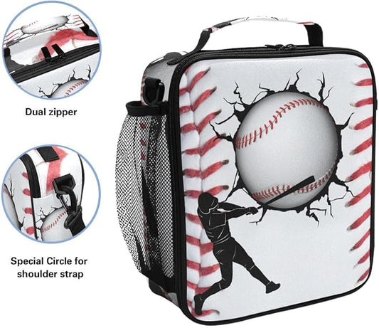 Sport Baseball Lunch Box for Kids Boys Girls, Cooler Insulated Lunch Tote Bag with Adjustable Strap for School Daycare