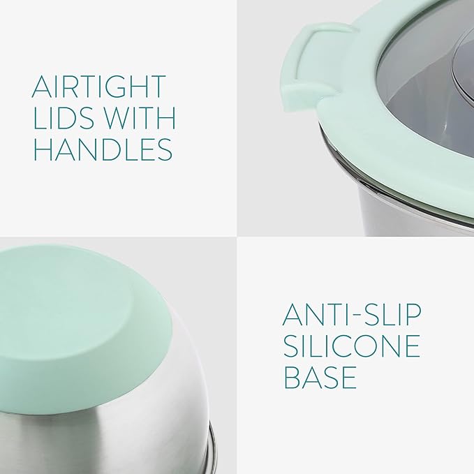 Navaris Stainless Steel Mixing Bowls with Lids (Set of 3) - Small, Medium and Large Mixing Bowl with Lid Set - 1.5 QT, 3 QT, 5 QT - Mint Green