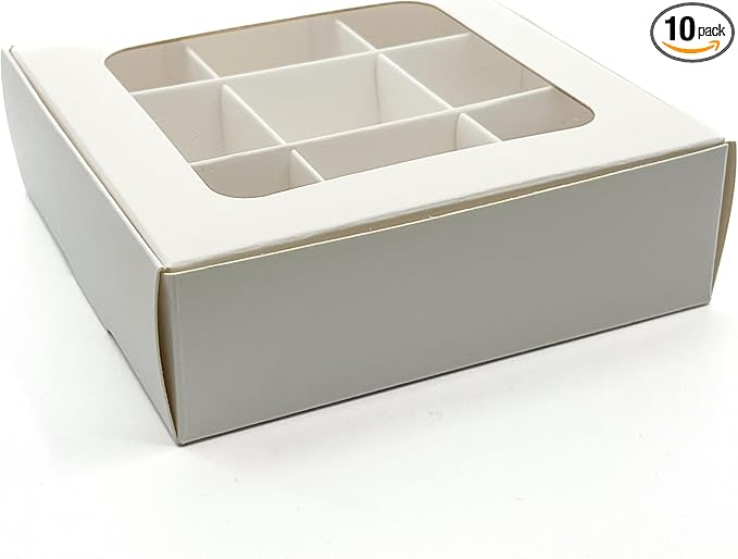 Treat boxes with window and dividers | 9 X-SMALL compartments | 5 x 5 x 1.57 in | Empty candy boxes for gift giving, truffle box - perfect for Valentine's Day | 10-pack (White)