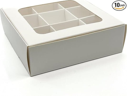 Treat boxes with window and dividers | 9 X-SMALL compartments | 5 x 5 x 1.57 in | Empty candy boxes for gift giving, truffle box - perfect for Valentine's Day | 10-pack (White)