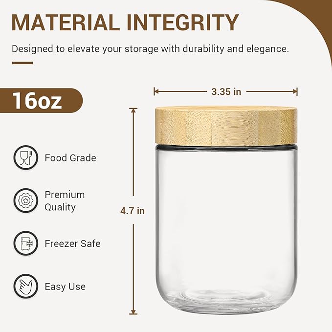 NETANY 4-pack 16oz Glass jars with Airtight Lids, Overnight Oats Containers with Bamboo Lids, Wide mouth Mason Salad jars, Glass Food Storage Containers for Snacks Yogurt Spice Sugar