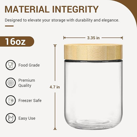 NETANY 6-pack 16oz Glass jars with Airtight Lids, Overnight Oats Containers with Bamboo Lids, Wide mouth Mason Salad jars, Glass Food Storage Containers for Snacks Yogurt Spice Sugar