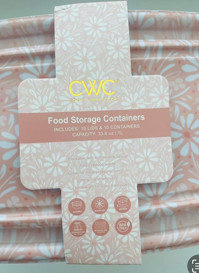 COOK WITH COLOR 20 PIECE PLASTIC RECTANGULAR FOOD CONTAINERS, 10 LIDS & 10 CONTAINERS CAPACITY 33.8 OZ (1L) 9 X 6 X 2 (Flowers)