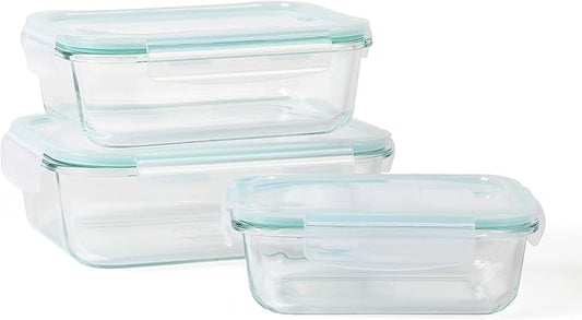 Martha Stewart Seavey 6 Piece 51.4 oz, 35.5 oz, 21.6 oz Square Storage Borosilicate Glass Container Set w/PP Snap Martha Blue Lids
