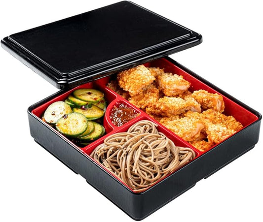 Restaurantware-8.3 x 2.2 Inch Compartment Lunch Container, 1 Japanese Style Adult Lunch Container - With 4 Compartments, Greaseproof, Black & Red Plastic Divided Lunch Box, For Hot & Cold Food