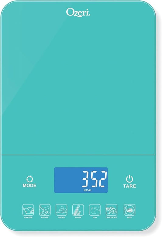 Ozeri Touch III 22 lb (10 kg) Digital Kitchen Scale with Calorie Counter in Tempered Glass, Teal Blue