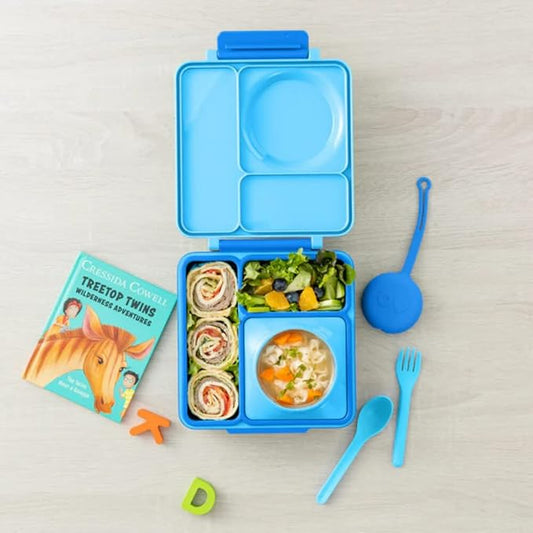 Omie OmieBox Bento Box for Kids - Insulated Lunch Box with Leak Proof Thermos Food Jar - 3 Compartments, 2 Temperature Zones (Blue Sky)