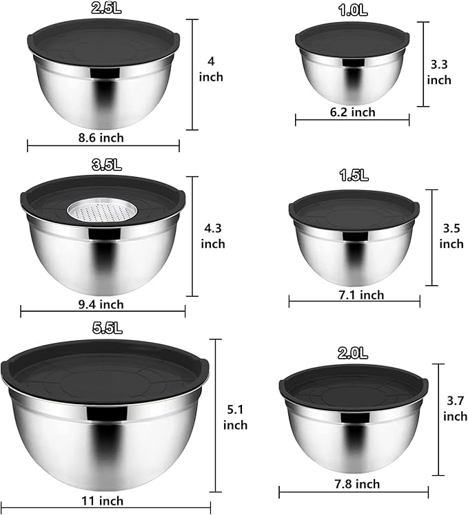 Menbyci 6 Pcs Mixing Bowls with Lids,Stainless Steel Mixing Bowls with 3 Grater Attachments,Kitchen Utensils,Mixing Bowl Set for Kitchen Mixing Baking Prepping Cooking Serving,Black