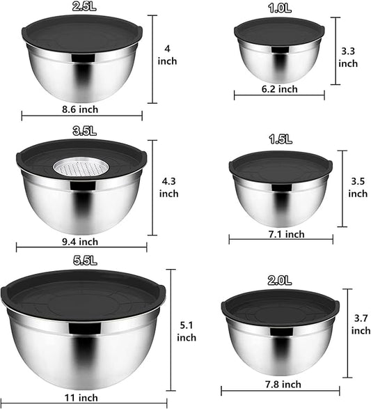 Menbyci 6 Pcs Mixing Bowls with Lids,Stainless Steel Mixing Bowls with 3 Grater Attachments,Kitchen Utensils,Mixing Bowl Set for Kitchen Mixing Baking Prepping Cooking Serving,Black