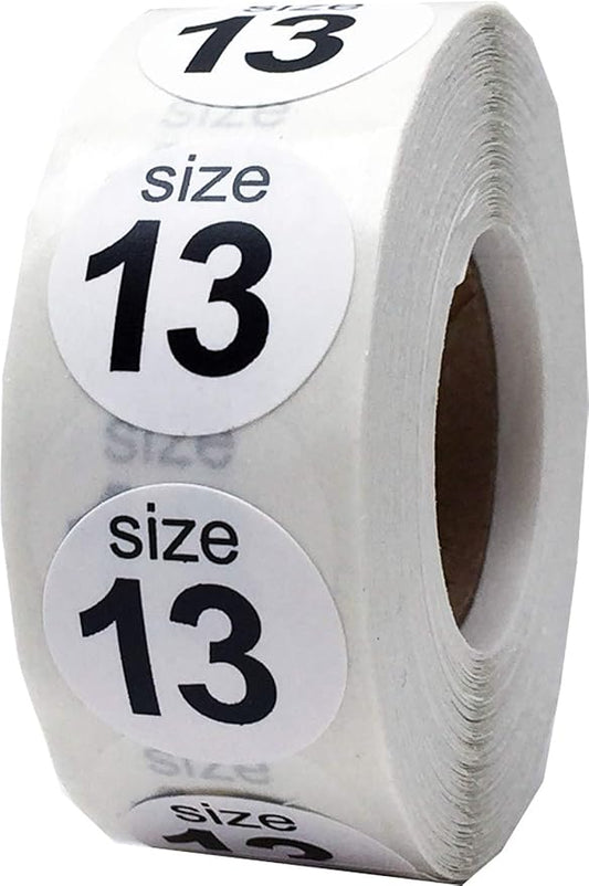 Shoe Size 13 White Stickers - 3/4 Inch Round, 500 Semi-Gloss Adhesive Labels Per Roll for Retail, Footwear Inventory, and Organization - Made in The USA