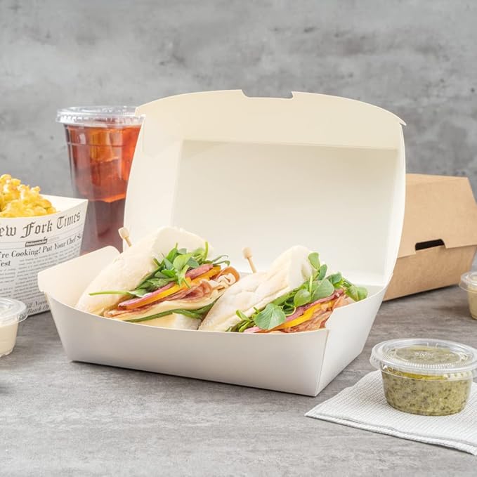 Restaurantware Bio Tek 6.7 x 3.5 x 3.5 Inch Clamshell Food Containers 100 Disposable Sandwich Containers - Hinged Lid Tab-Lock Closure White Paper Hot Dog Containers Recyclable Greaseproof