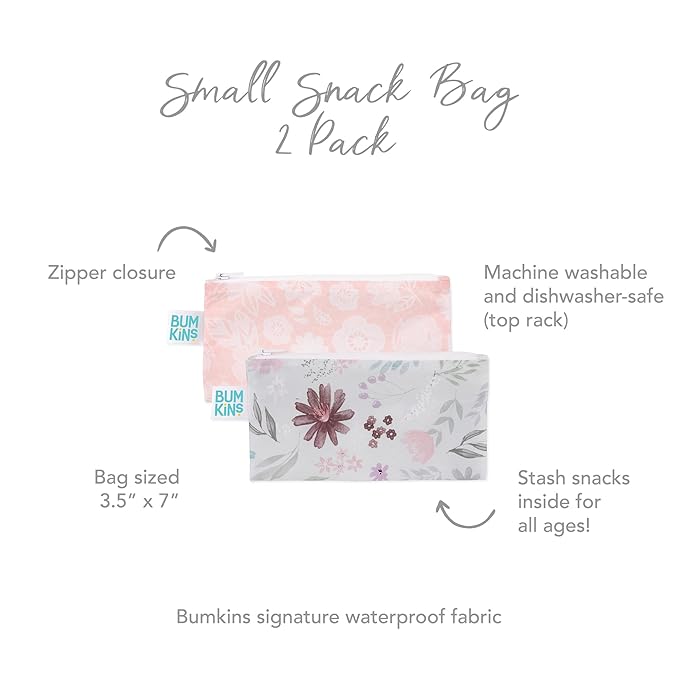 Bumkins Reusable Snack Bags, for Kids School Lunch and for Adults Portion, Washable Fabric, Waterproof Cloth Zip Bag, Supplies Travel Pouch, Food-Safe Storage, 2-pk Floral and Lace