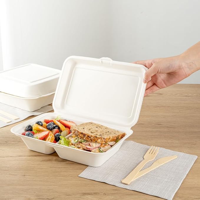 Restaurantware Pulp Safe No PFAS Added 34 Ounce Clamshell Boxes 100 Disposable Containers - Home Compostable 2 Compartments White Bagasse Containers Microwavable And Freezable Hinged Lid