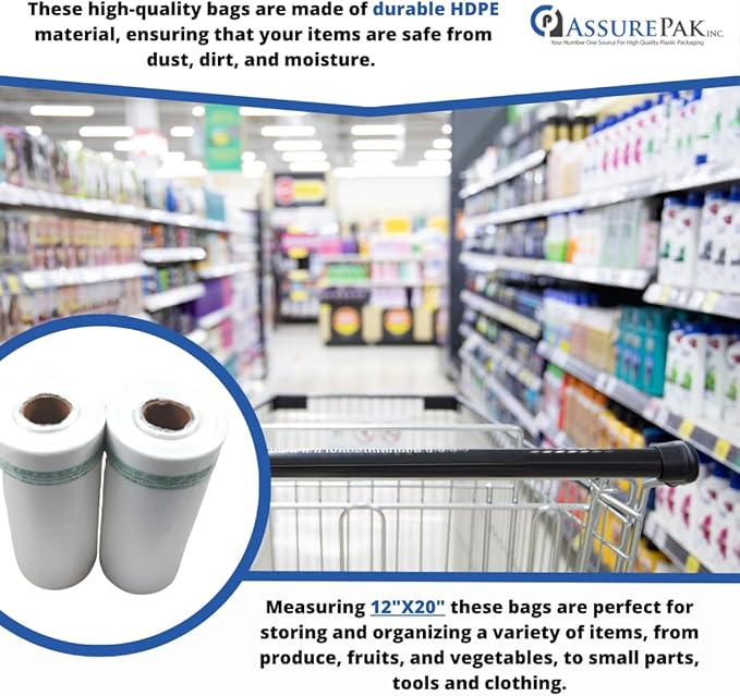 Clear Produce Roll 12"x20" – 1800 HDPE Bags (11 Microns, Natural Color) for Food Storage, Grocery Use, Small Business, Reusable Produce, Kitchen Needs, Fresh Food, Storage Solution