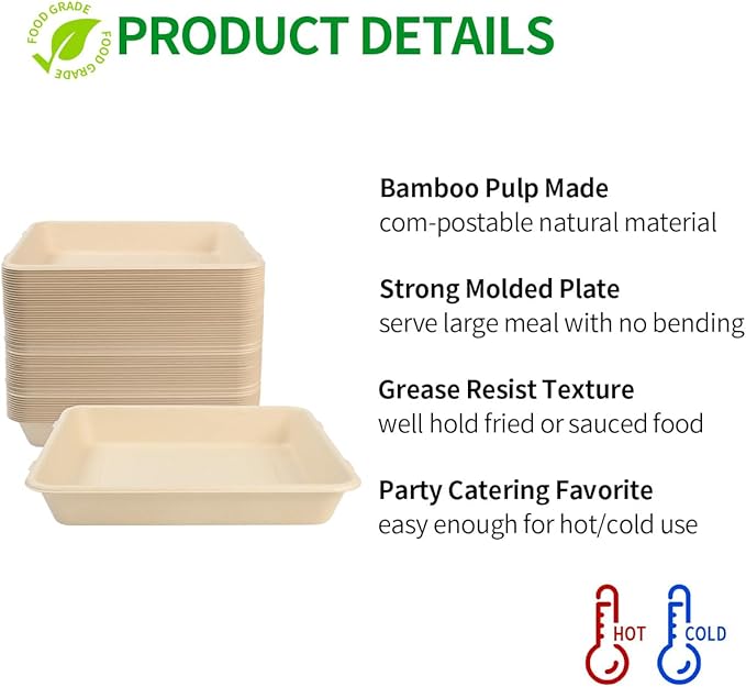 bloomoon 50 Pack 9 x 9 inch Deep Large Paper Plates, Compostable Bamboo Pulp Tray with High Rim for Crawfish, Crab, Large Salad, BBQ Meat