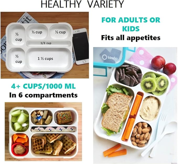 Bento Lunch Box Set of 4, Food Prep & Meal Planning Portion Containers For Kids Toddlers Adults, 6 Divided Leakproof Compartments for Lunches, Snacks, BPA Free, Blue, Navy, Orange, Teal, Four pack