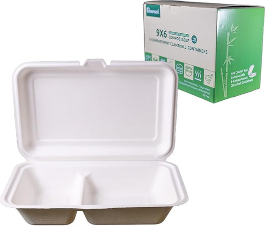 Greensoil 9x6 Compostable Clamshell Take Out Containers - 2-Compartment 100 Pack, Heavy Duty Microwavable Salad Container for Lunch, Biodegradable, BPI Certified for Food Trucks, Families, Schools