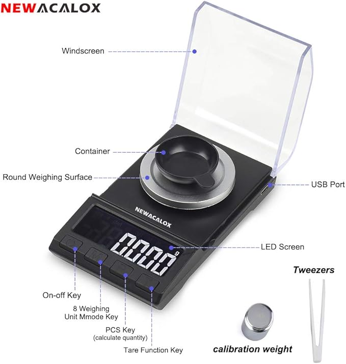 Milligram Scale with USB Supply, NEWACALOX Reloading Scale 100 x 0.001g, High Precision Portable Multifunction Lab Powder Scales with Calibration Tare Weights, Tweezers, Weighing Pans Black