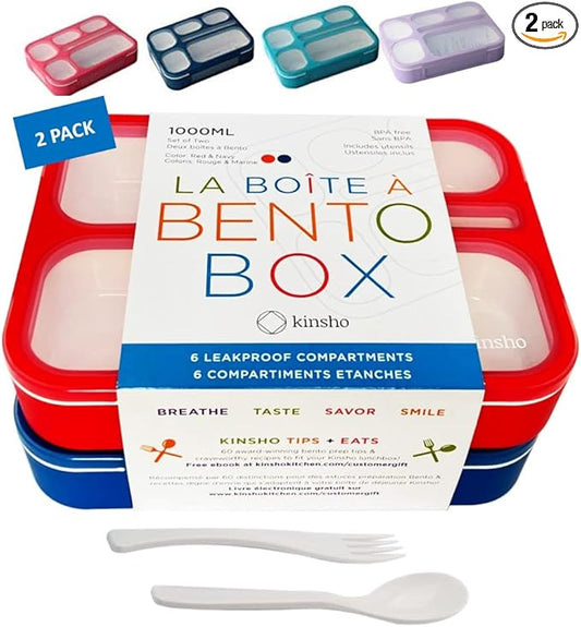 Bento Lunch Box for Kids: Leakproof Lunch Boxes, Snack Containers for Boys, Girls with 6 Compartments - School, Daycare, Meal Planning Portion Container, BPA-Free Boxes, Utensils, Red Navy Blue Set