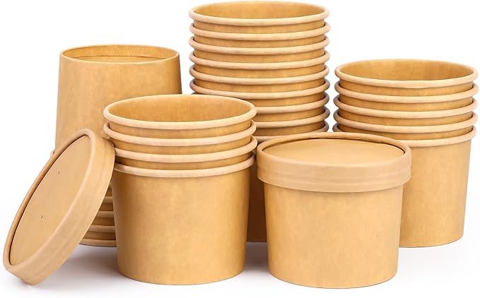 12 oz 25 Pack Paper Soup Cups with Lids, Compostable Soup Containers, Disposable Paper Cups with Vented Lids for Microwave, Refrigerator, On-the-Go, Ice Cream, Hot Soup, Fruits with PLA Lined