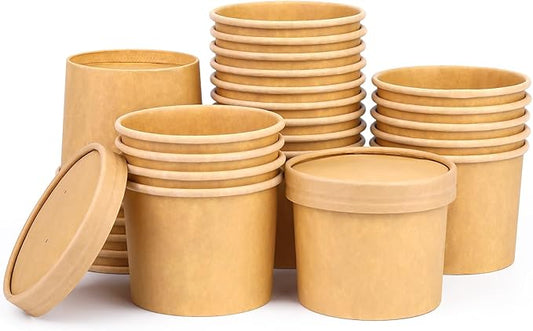 12 oz 25 Pack Paper Soup Cups with Lids, Compostable Soup Containers, Disposable Paper Cups with Vented Lids for Microwave, Refrigerator, On-the-Go, Ice Cream, Hot Soup, Fruits with PLA Lined